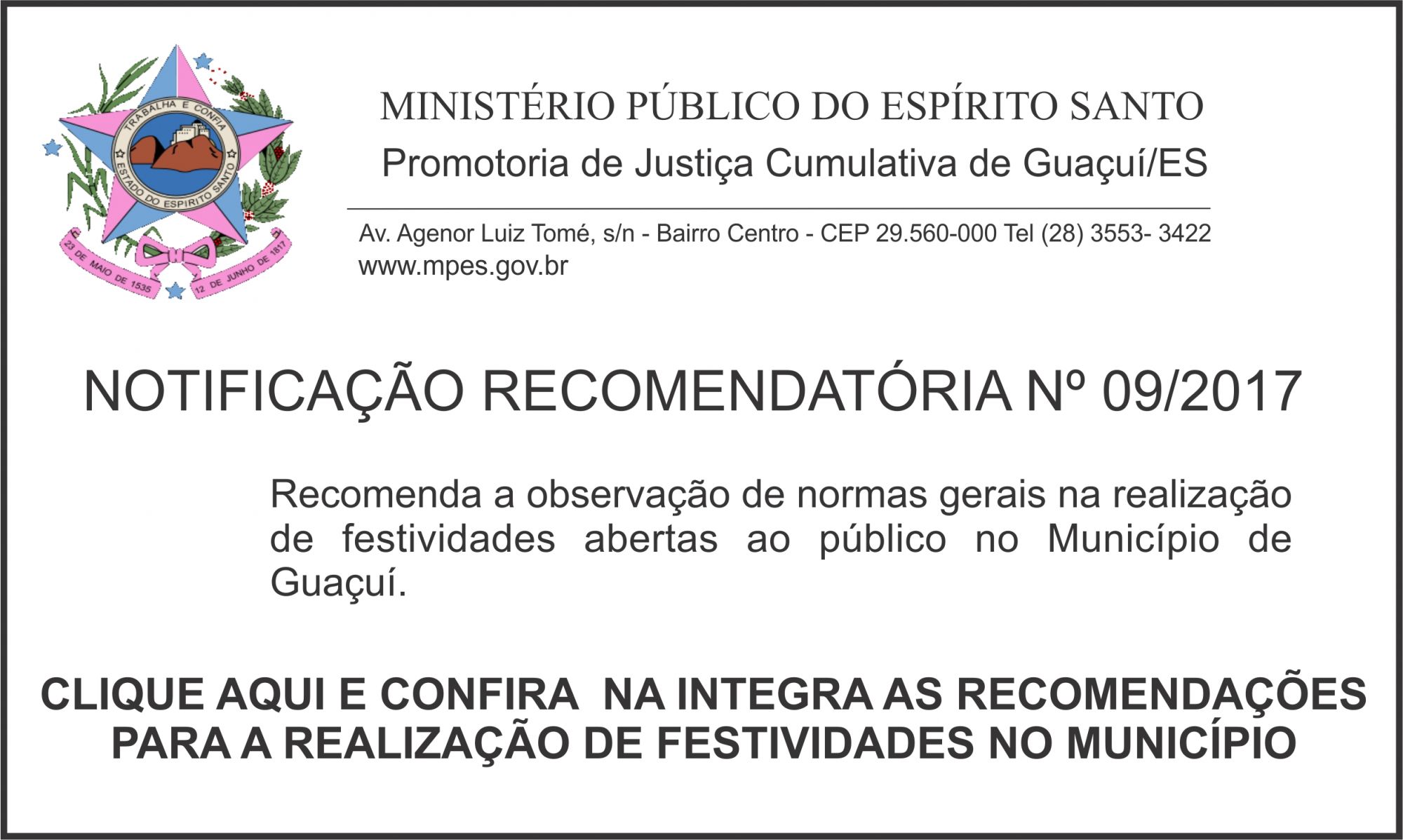 Veja a notificação recomendatória. - Ministério Público do Estado do