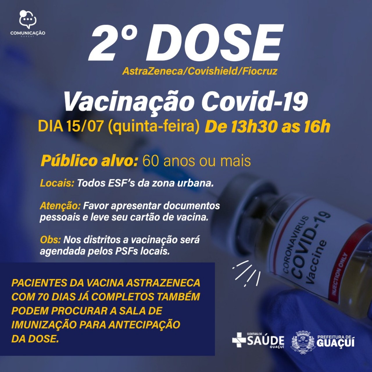 Vacinação Covid-19: 2ª dose para público de 60 anos ou mais nesta quinta (15)