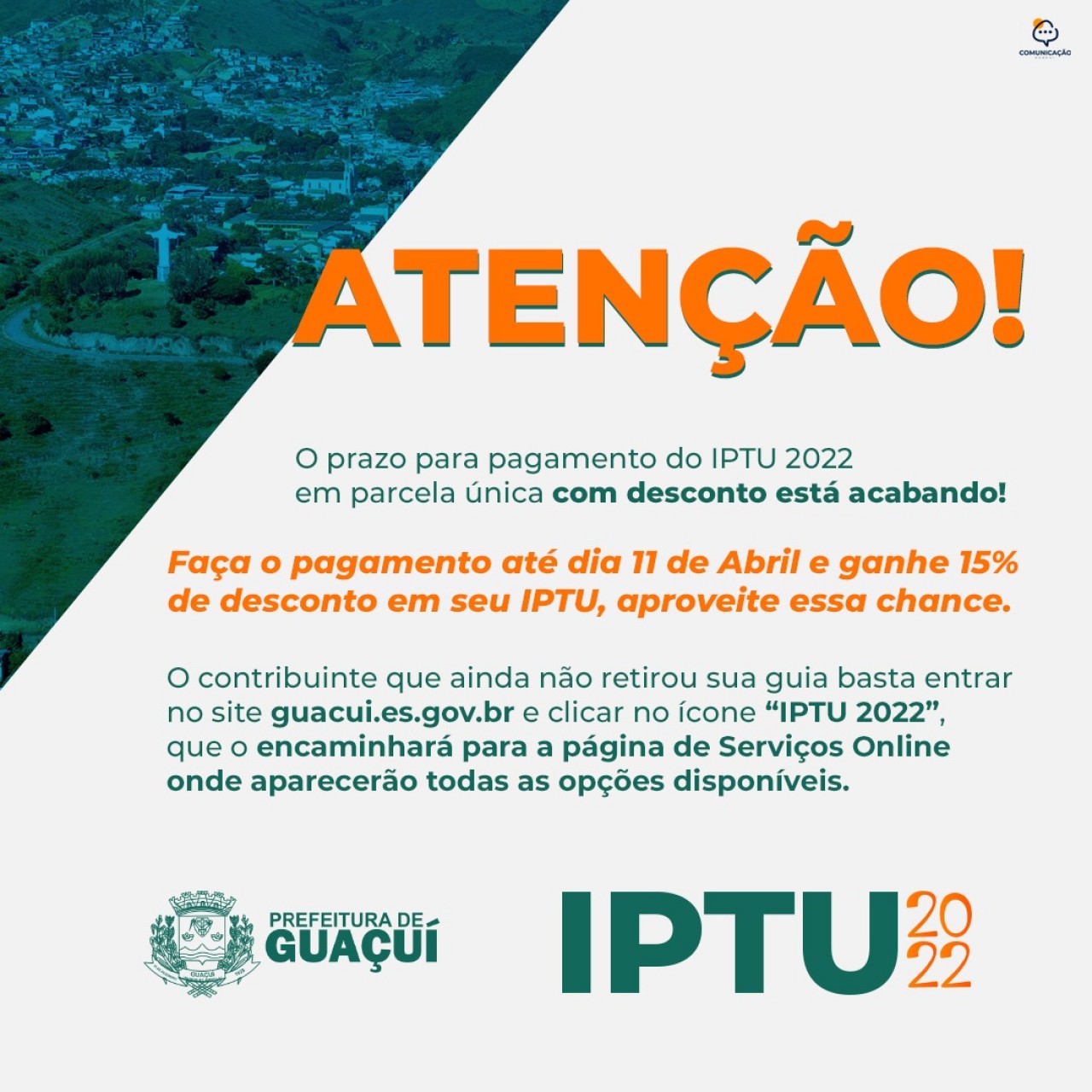 ÚLTIMOS DIAS PARA GARANTIR 15% DE DESCONTO PAGANDO SEU IPTU 2022 EM COTA ÚNICA