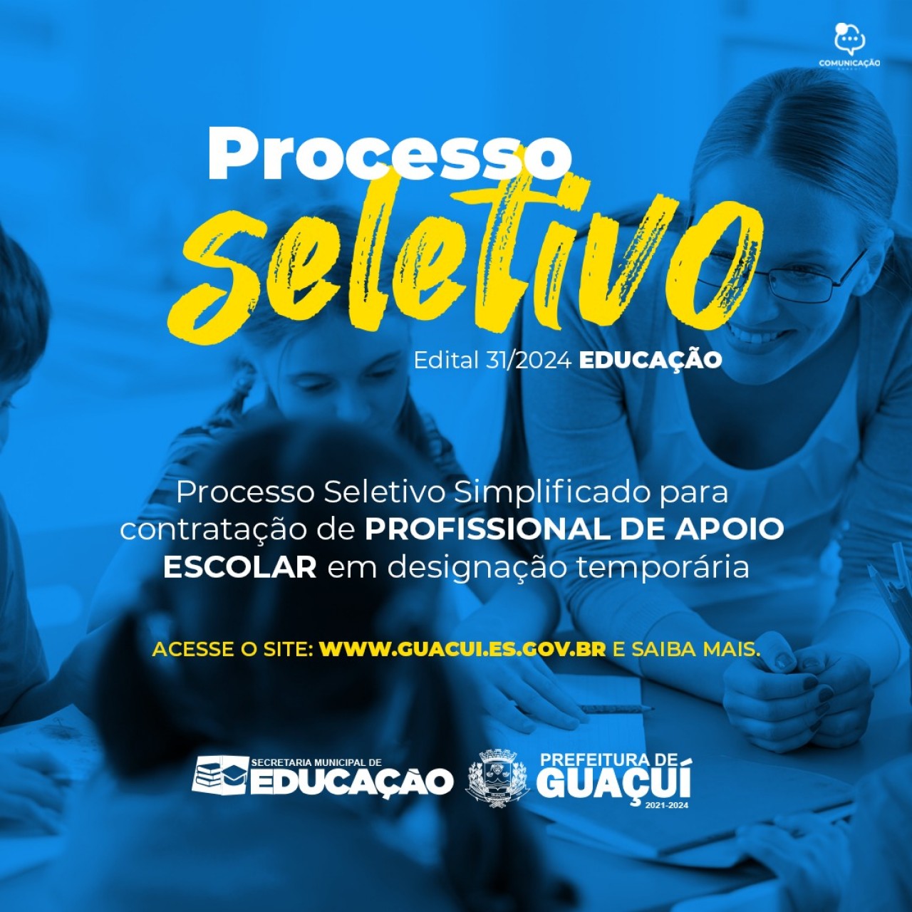 PREFEITURA DE GUAÇUÍ ABRE PROCESSO SELETIVO PARA CONTRATAÇÃO DE PROFISSIONAL DE APOIO ESCOLAR