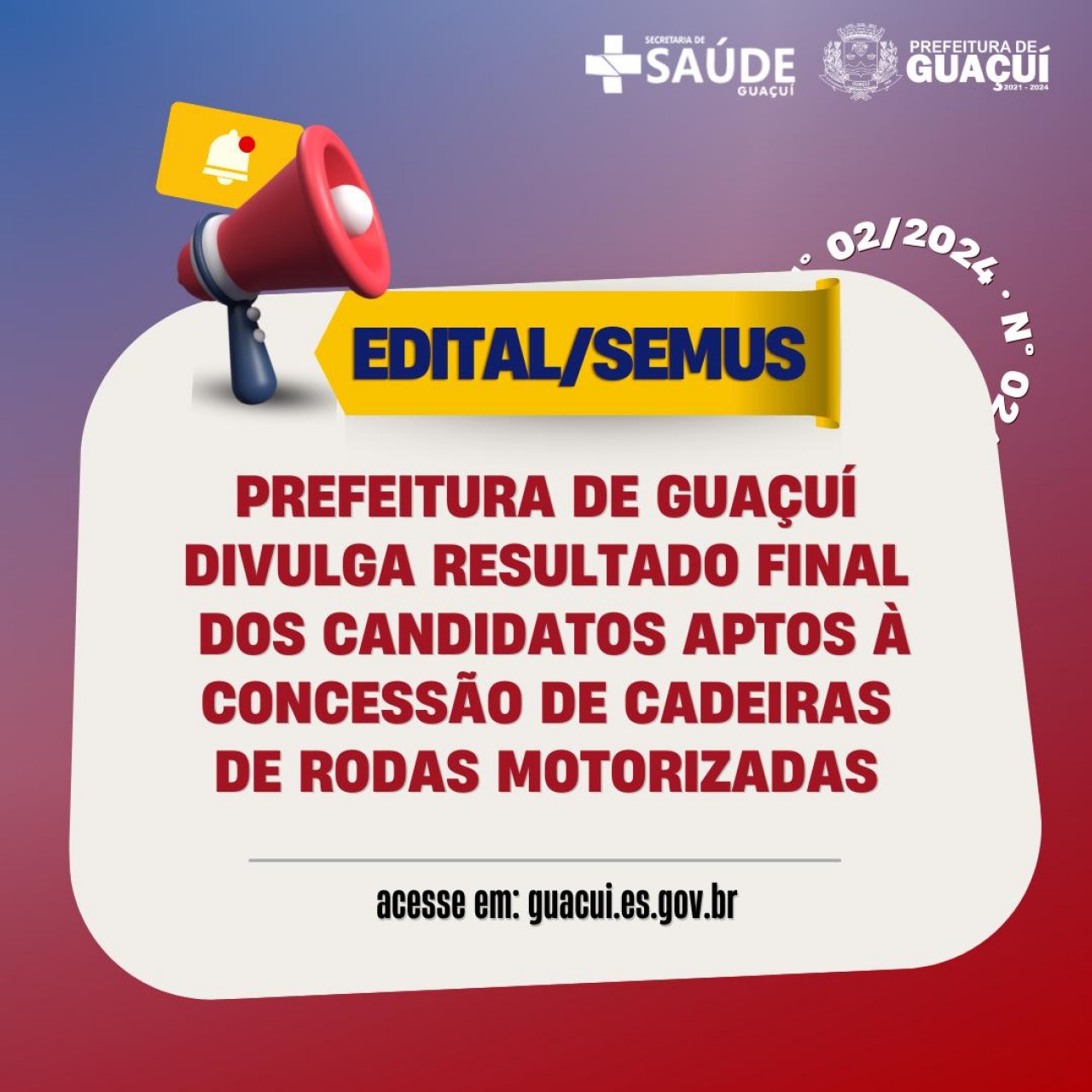 PREFEITURA DE GUAÇUÍ DIVULGA RESULTADO FINAL DOS CANDIDATOS APTOS À CONCESSÃO DE CADEIRAS DE RODAS MOTORIZADAS