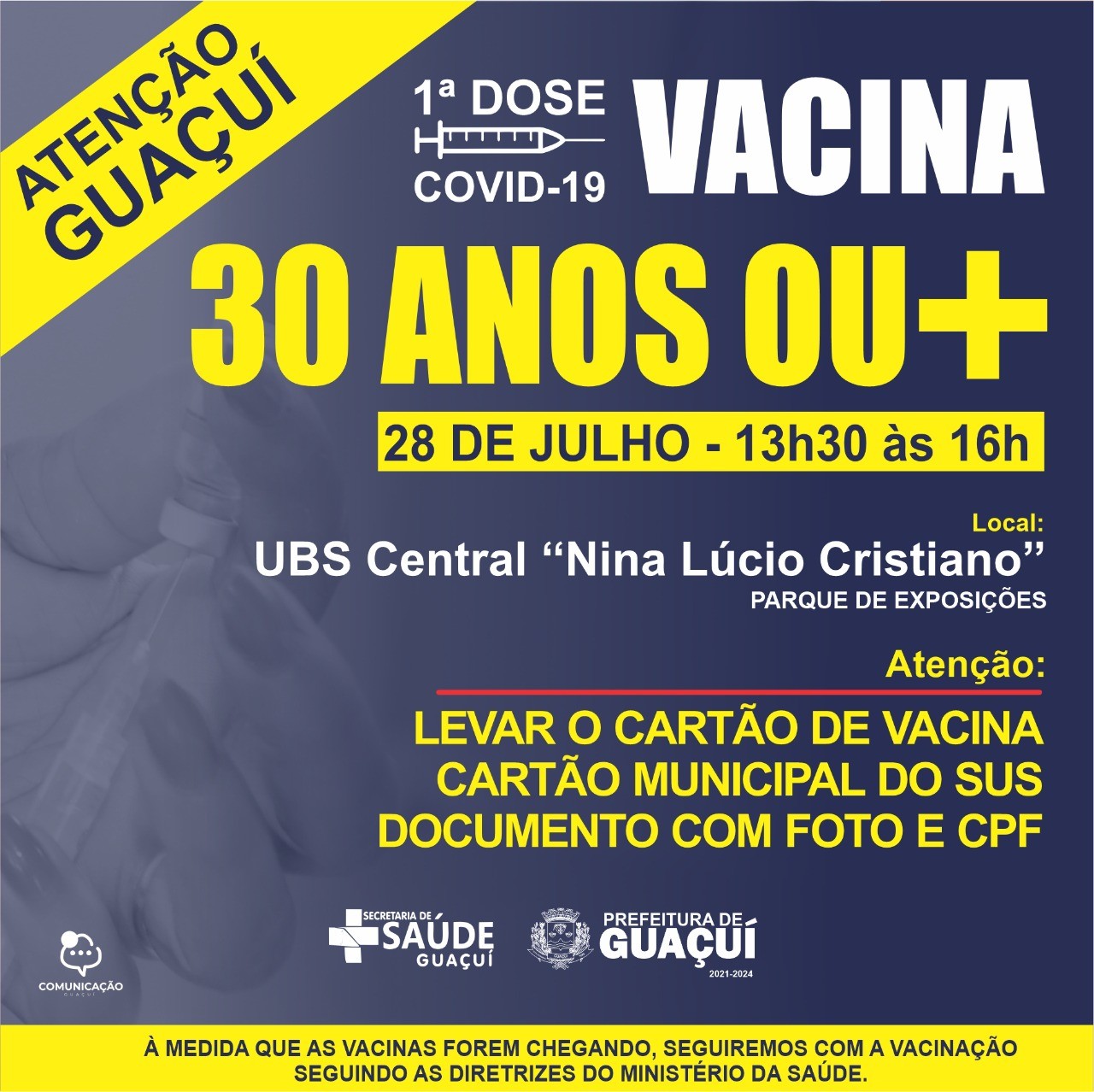 Vacinação Covid-19 para pessoas com 30 anos ou mais inicia nesta quarta (28)
