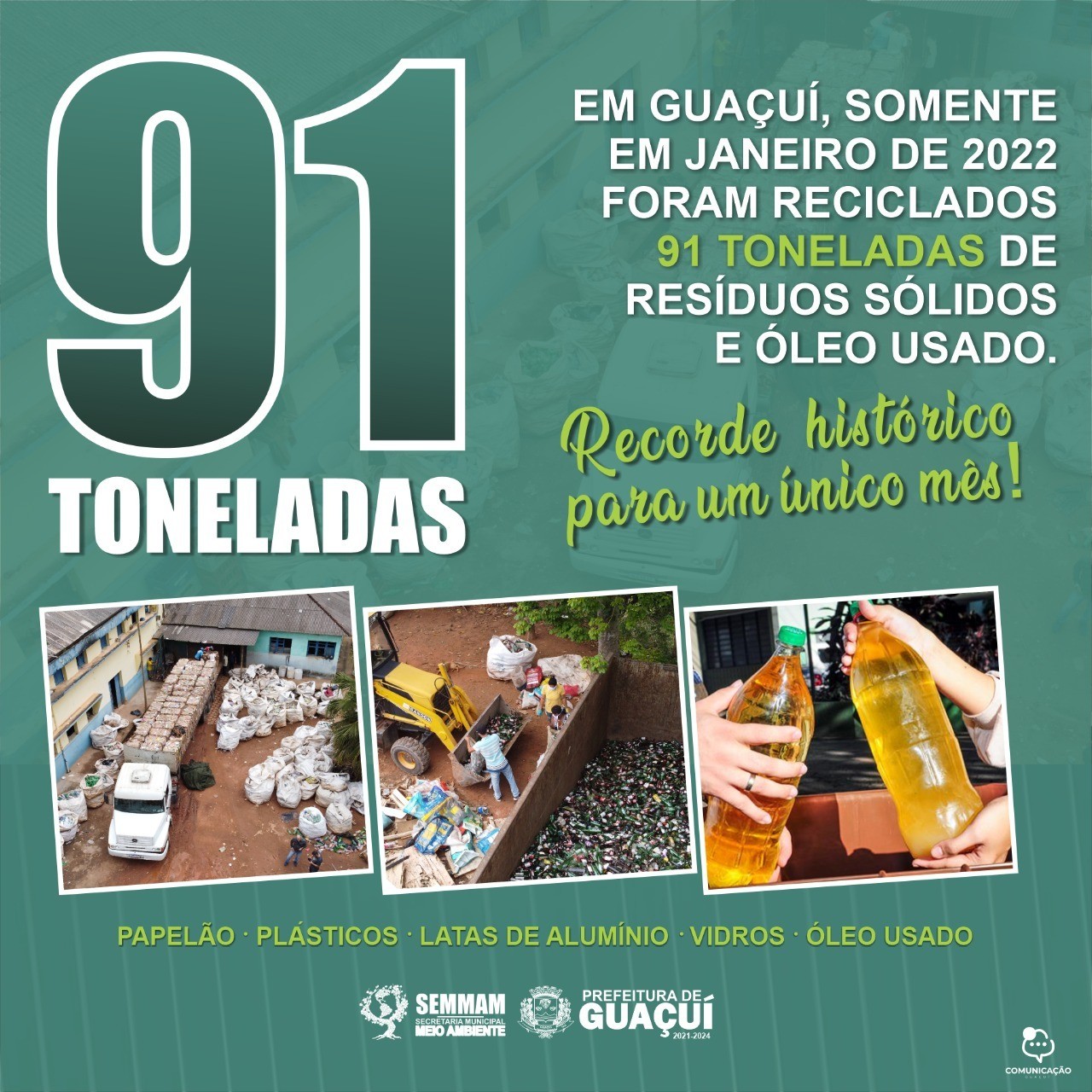 COLETA SELETIVA DE GUAÇUÍ BATE RECORDE HISTÓRICO EM JANEIRO COM 91 TONELADAS DE RESÍDUOS RECICLADOS