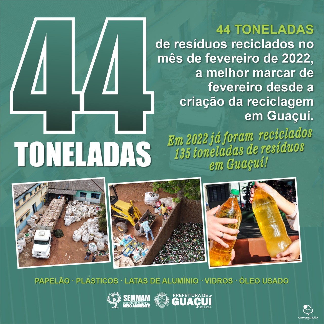 RECICLAGEM QUEBRA MAIS UM RECORDE MENSAL NO MUNICÍPIO DE GUAÇUÍ