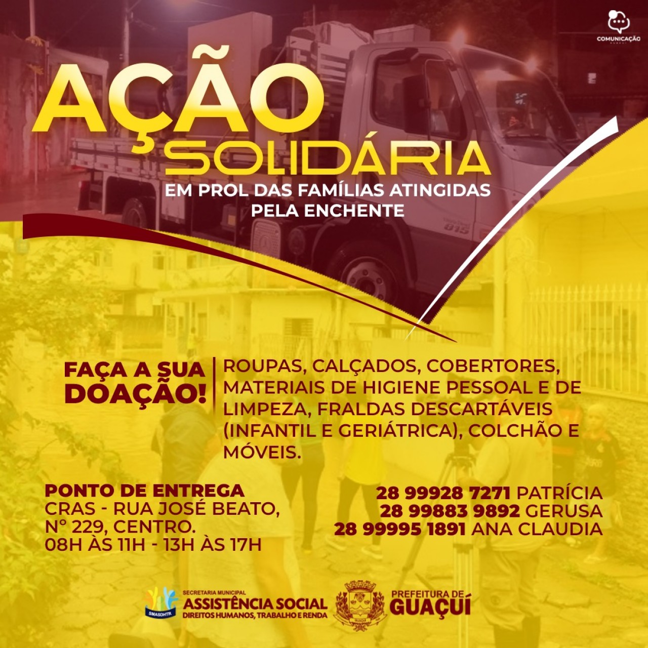 PREFEITURA DE GUAÇUÍ ORGANIZA AÇÃO SOLIDÁRIA PARA AJUDAR VÍTIMAS DAS CHUVAS