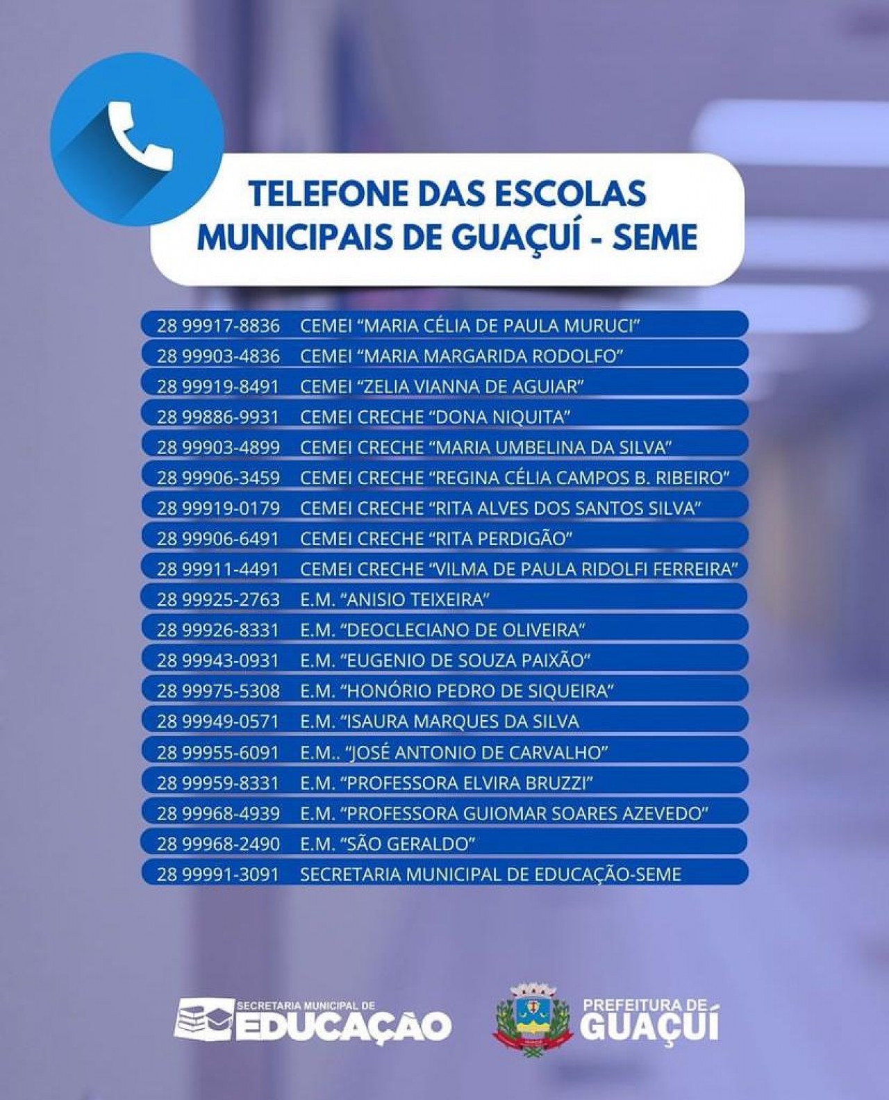 TELEFONES DAS ESCOLAS MUNICIPAIS DE GUAÇUÍ