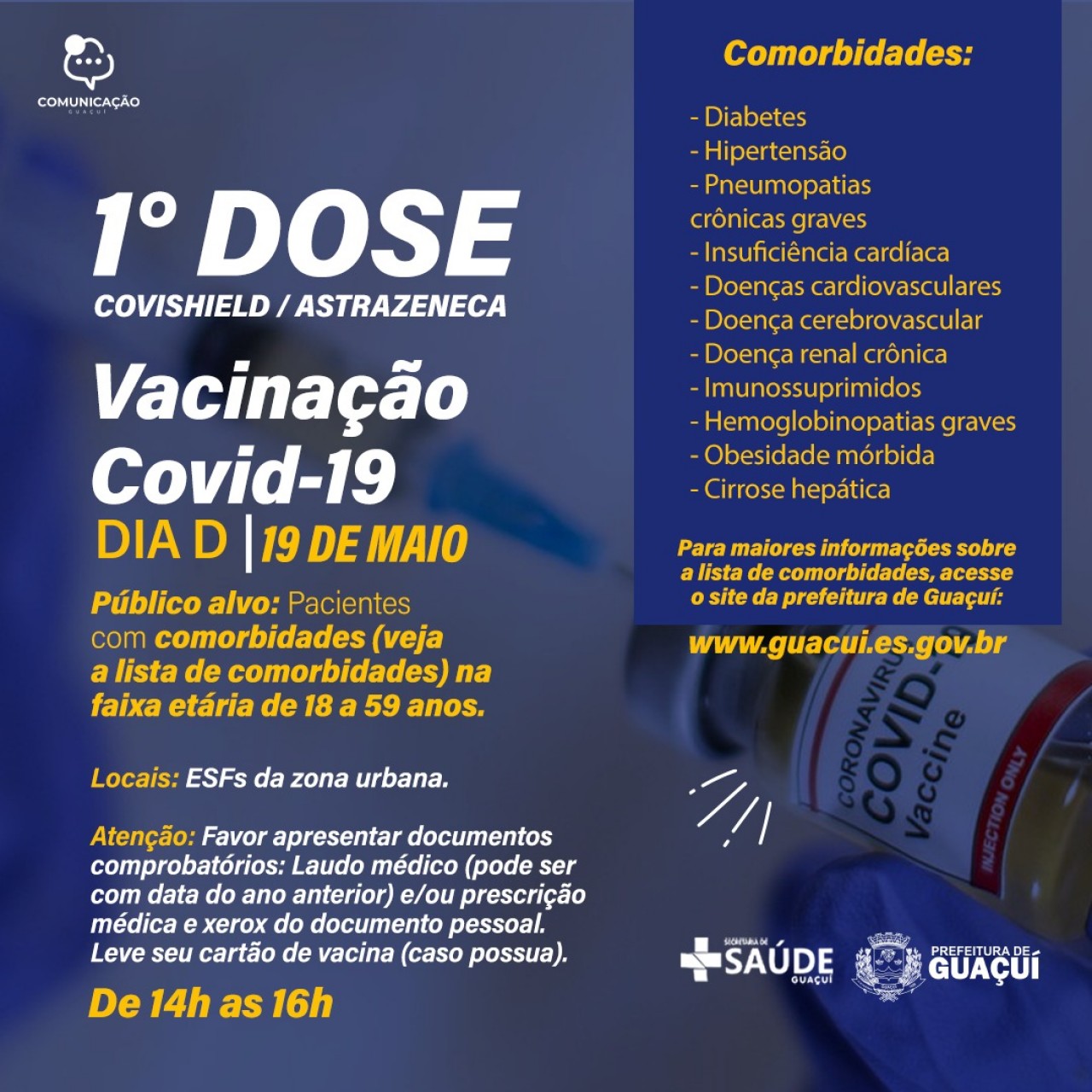 Covid-19: Amanhã (19) a vacinação de pessoas com comorbidades será em todos os ESFs da cidade