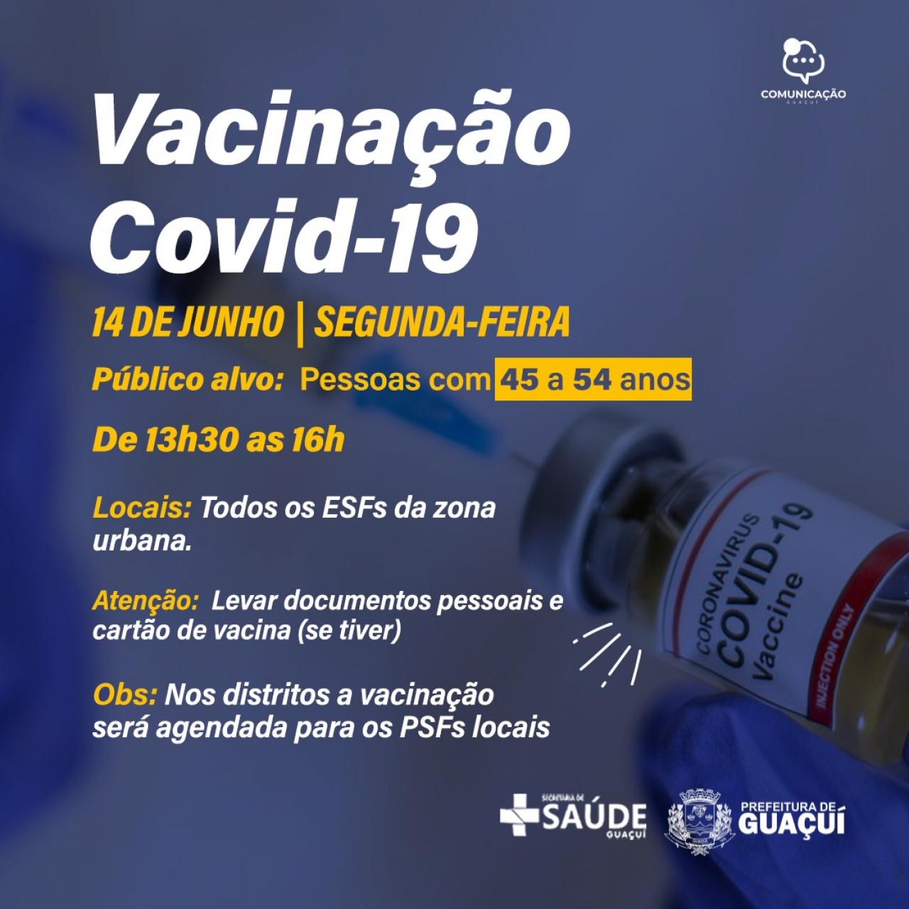 Guaçuí amplia vacinação contra a Covid-19 para grupo de pessoas com 45 a 54 anos