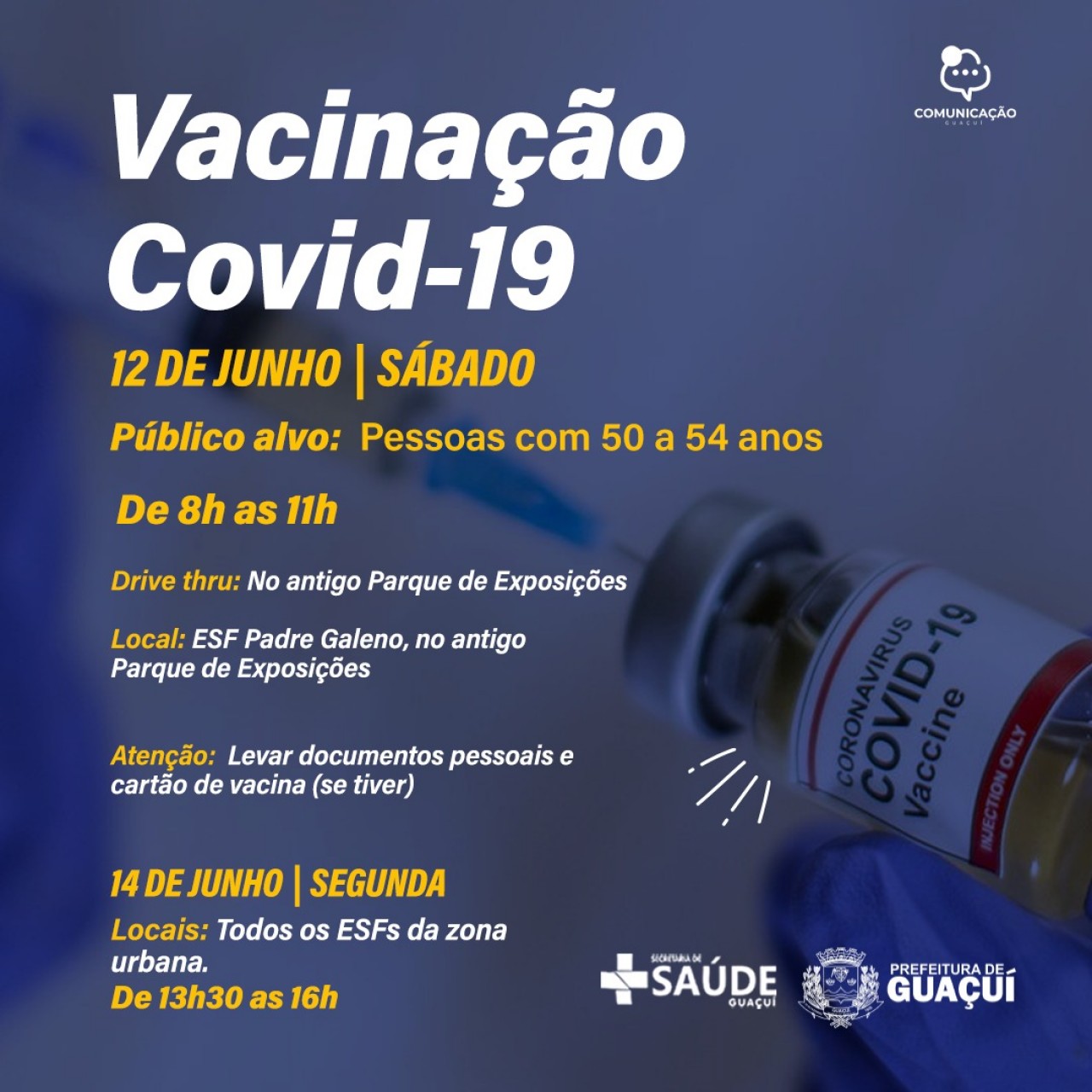 Vacinação Covid-19 para pessoas de 50 a 54 anos inicia neste sábado (12)