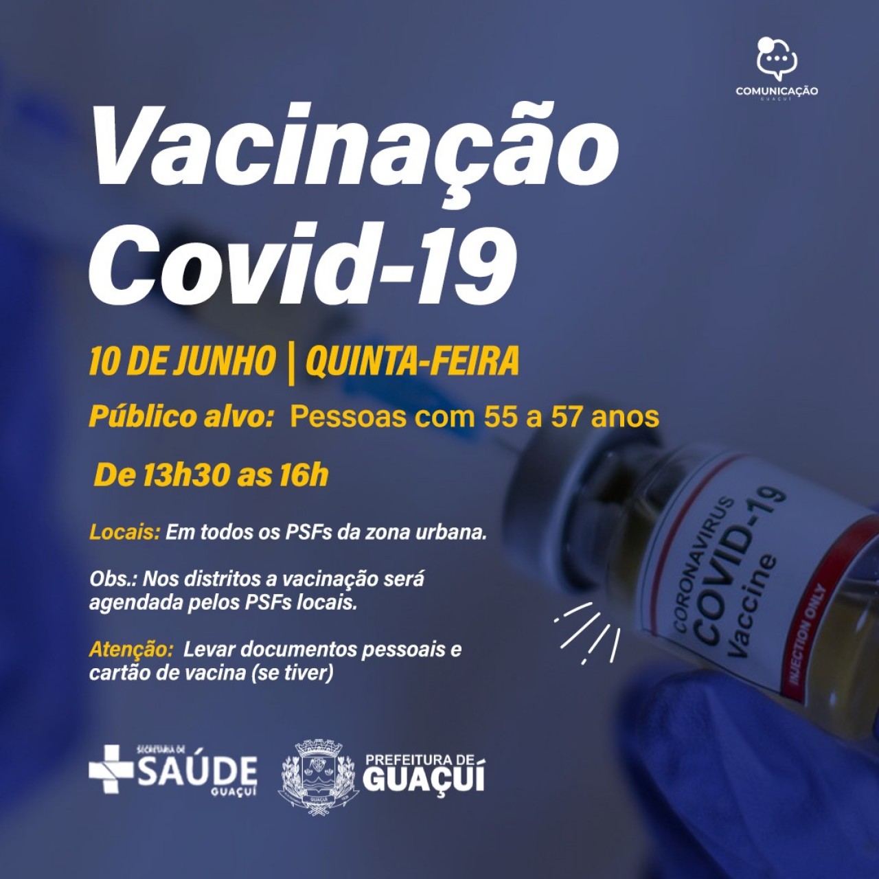 Vacinação Covid-19 para pessoas de 55 a 57 anos inicia hoje (10)