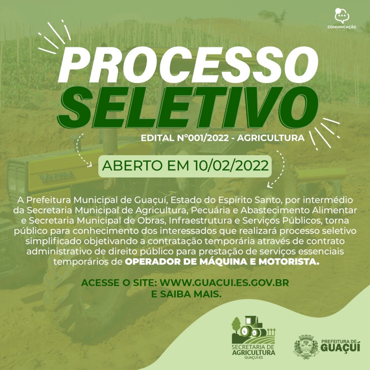 PREFEITURA MUNICIPAL DE GUAÇUÍ ABRE PROCESSO SELETIVO PARA CONTRATAÇÃO DE MOTORISTA E OPERADOR DE MÁQUINA PREFEITURA MUNICIPAL DE GUAÇUÍ ABRE PROCESSO SELETIVO PARA CONTRATAÇÃO DE MOTORISTA E OPERADOR DE MÁQUINA