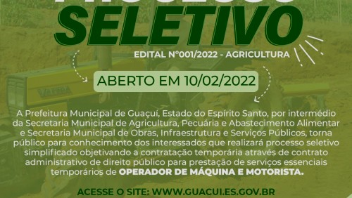 PREFEITURA MUNICIPAL DE GUAÇUÍ ABRE PROCESSO SELETIVO PARA CONTRATAÇÃO DE MOTORISTA E OPERADOR DE MÁQUINA PREFEITURA MUNICIPAL DE GUAÇUÍ ABRE PROCESSO SELETIVO PARA CONTRATAÇÃO DE MOTORISTA E OPERADOR DE MÁQUINA