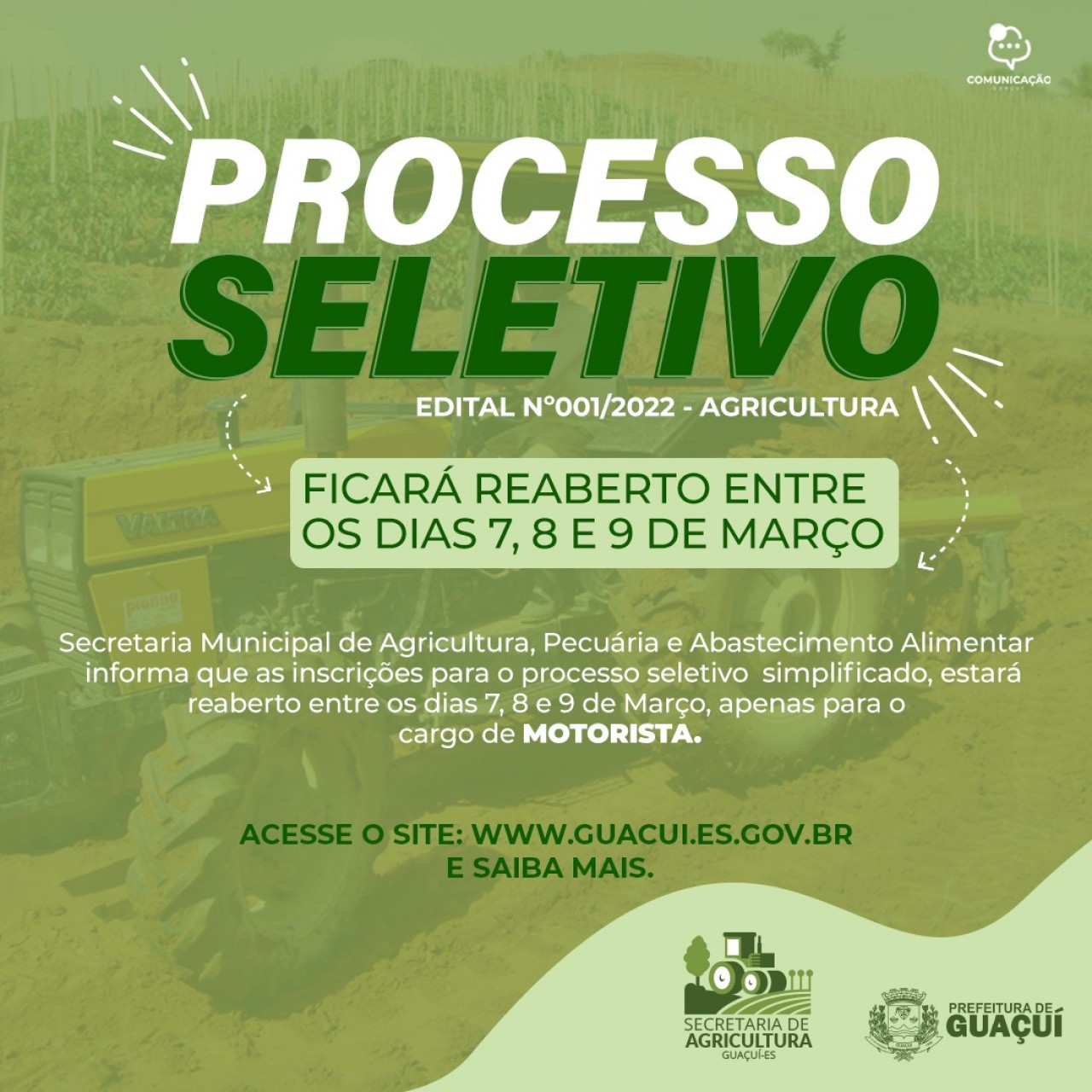 SECRETARIA DE AGRICULTURA VAI REABRIR AS INSCRIÇÕES DO PROCESSO SELETIVO Nº 001/2022 PARA CONTRATAÇÃO DE MOTORISTA SECRETARIA DE AGRICULTURA VAI REABRIR AS INSCRIÇÕES DO PROCESSO SELETIVO Nº 001/2022 PARA CONTRATAÇÃO DE MOTORISTA
