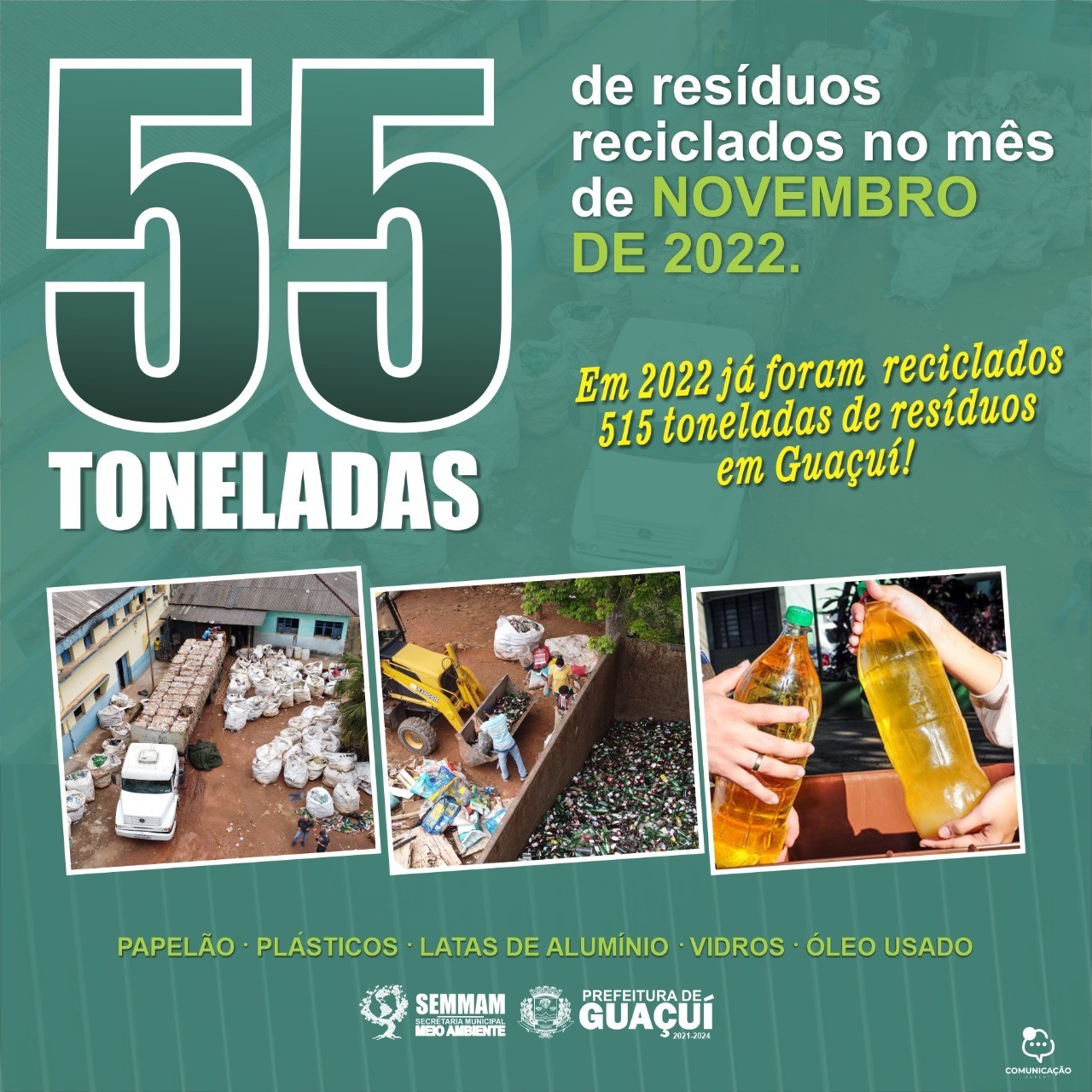 GUAÇUÍ RECICLA 55 TONELADAS DE RESÍDUOS NO MÊS DE NOVEMBRO GUAÇUÍ RECICLA 55 TONELADAS DE RESÍDUOS NO MÊS DE NOVEMBRO