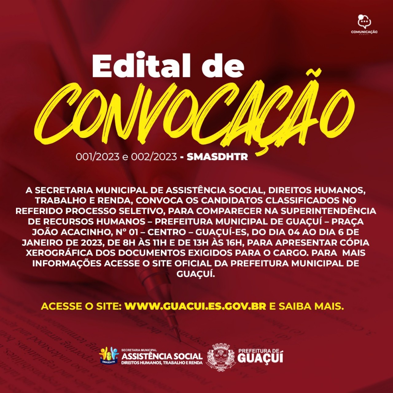 ASSISTÊNCIA SOCIAL PUBLICA EDITAL DE CONVOCAÇÃO 001/2023 E 002/2023