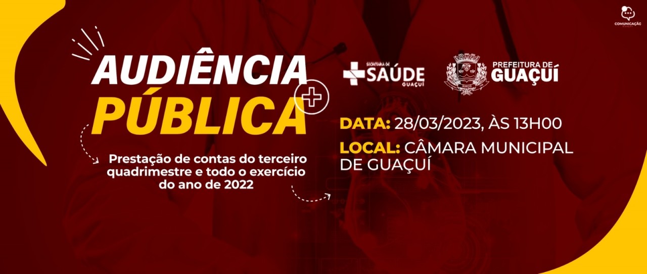 AUDIÊNCIA PÚBLICA: SAÚDE VAI APRESENTAR RELATÓRIO DO 3° QUADRIMESTRE E ANUAL DE 2022 AUDIÊNCIA PÚBLICA: SAÚDE VAI APRESENTAR RELATÓRIO DO 3° QUADRIMESTRE E ANUAL DE 2022