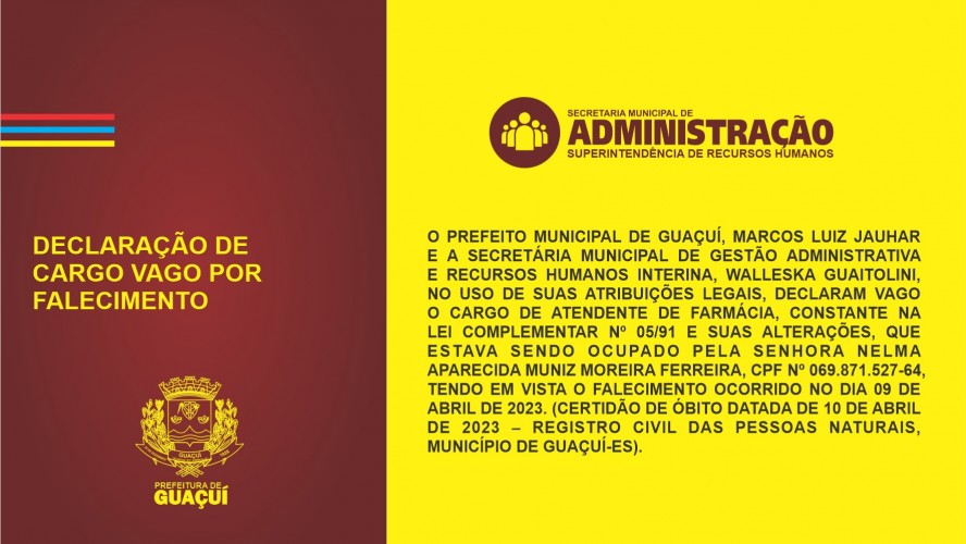 DECLARAÇÃO DE CARGO VAGO POR FALECIMENTO - DECL. Nº 001/2024/PMG