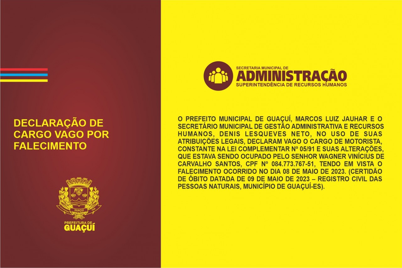 DECLARAÇÃO DE CARGO VAGO POR FALECIMENTO  - DECL. Nº 002/2023/PMG.