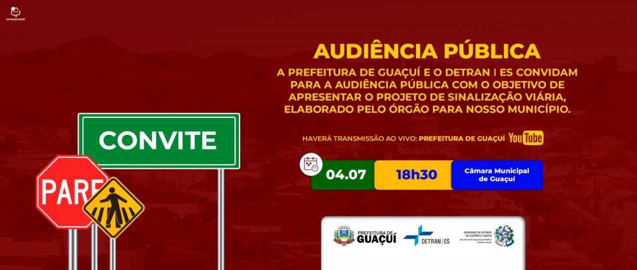 PREFEITURA DE GUAÇUÍ E DETRAN VÃO REALIZAR AUDIÊNCIA PUBLICA SOBRE NOVA SINALIZAÇÃO VIÁRIA DO MUNICÍPIO PREFEITURA DE GUAÇUÍ E DETRAN VÃO REALIZAR AUDIÊNCIA PUBLICA SOBRE NOVA SINALIZAÇÃO VIÁRIA DO MUNICÍPIO