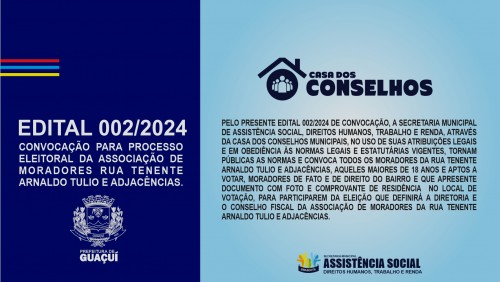 CONVOCAÇÃO PARA PROCESSO ELEITORAL DA ASSOCIAÇÃO DE MORADORES DA RUA TENENTE ARNALDO TULIO E ADJACÊNCIAS. CONVOCAÇÃO PARA PROCESSO ELEITORAL DA ASSOCIAÇÃO DE MORADORES DA RUA TENENTE ARNALDO TULIO E ADJACÊNCIAS.